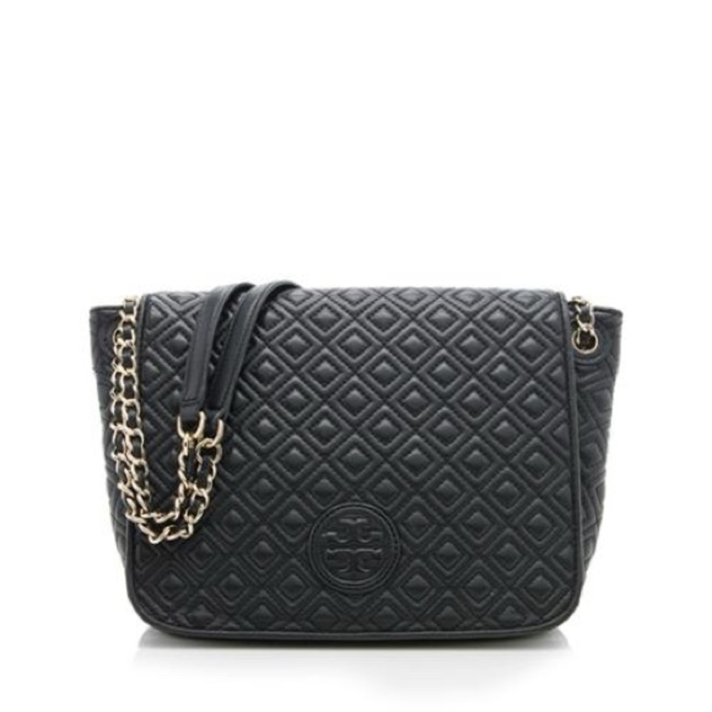 Tory Burch Black Quilted Leather Marion Flap Chain Adjustable Shoulder